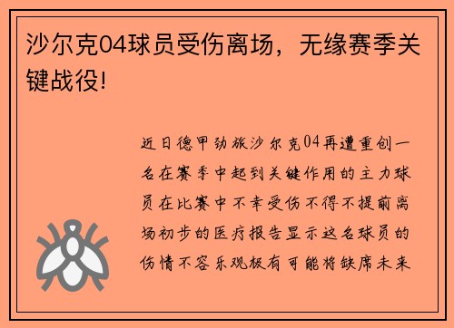 沙尔克04球员受伤离场，无缘赛季关键战役!